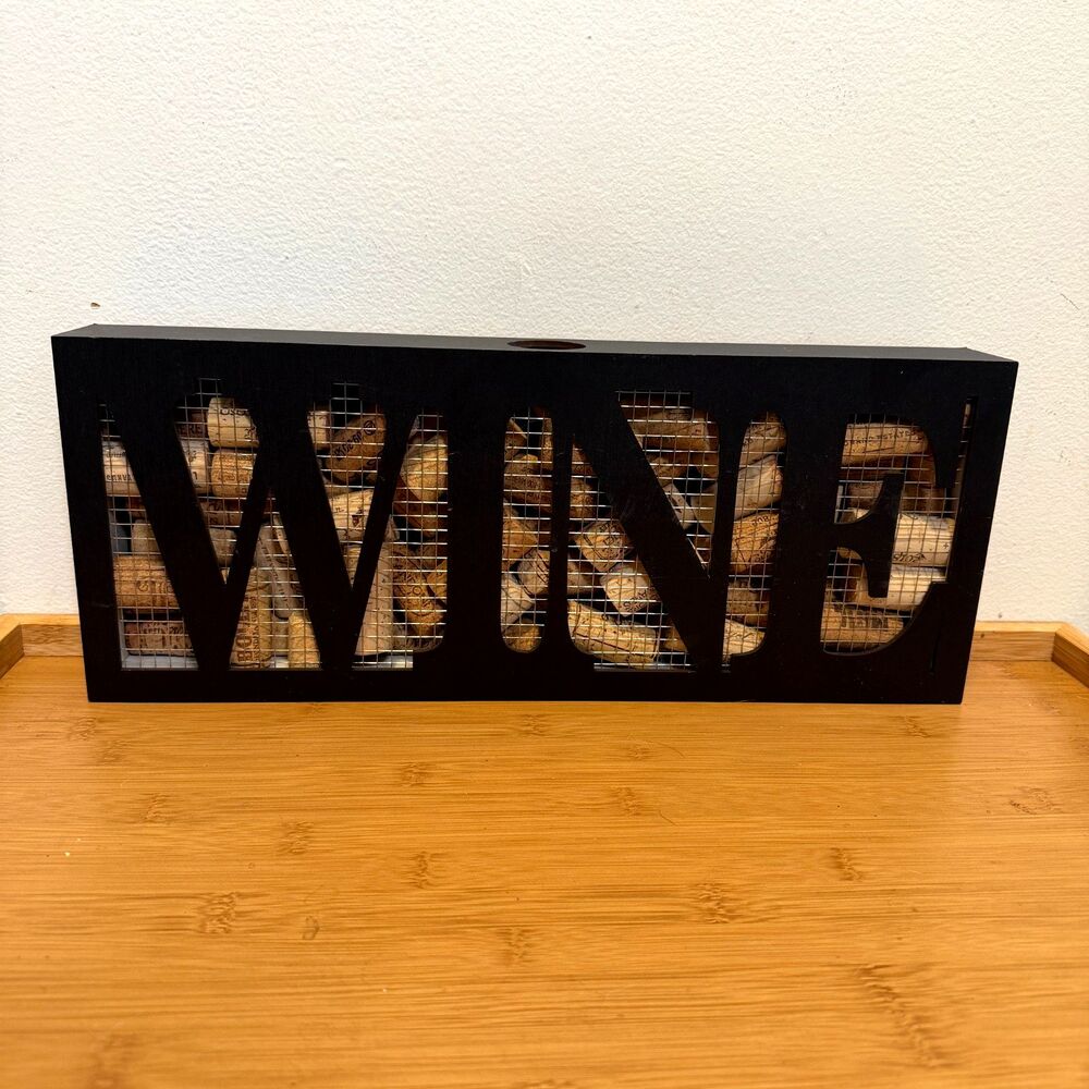 Wine Cork Holder Wall Mount Black Wooden Shadow Box Bar Decor 16x7